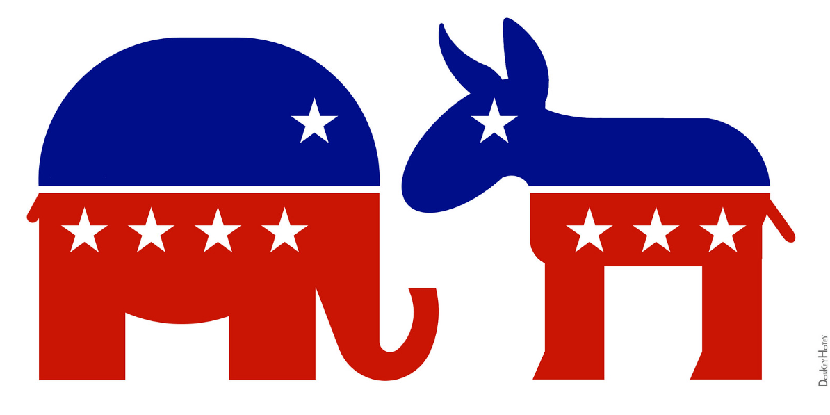 blue and red symbols for elephant and donkey with white stars for eyes and decoration