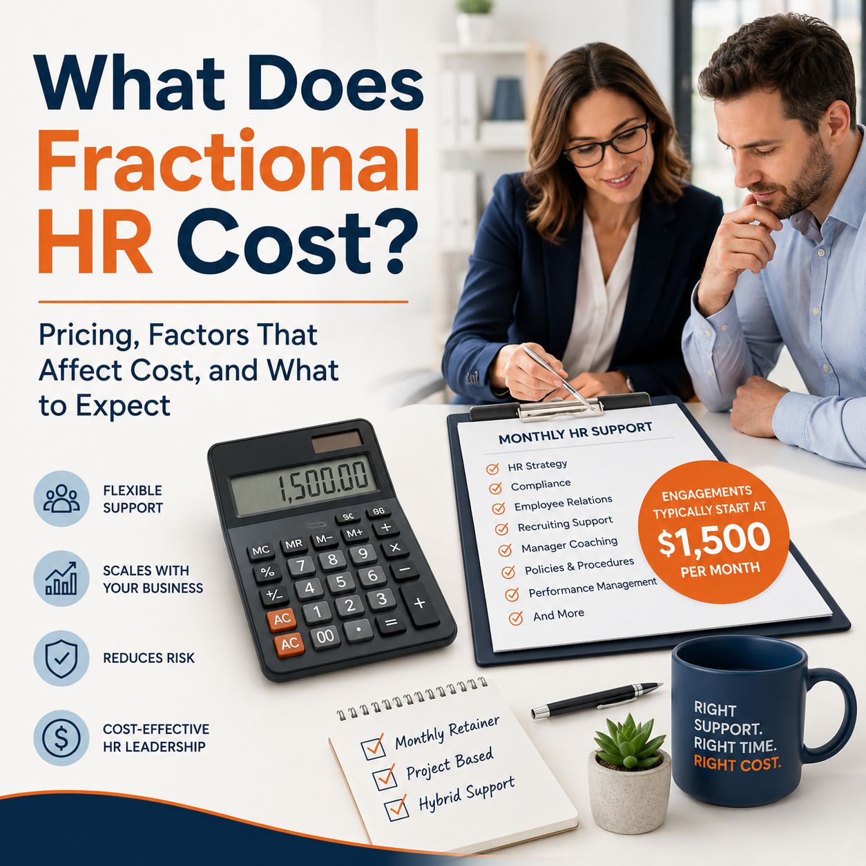 Business owner reviewing Fractional HR pricing and monthly HR support costs.
