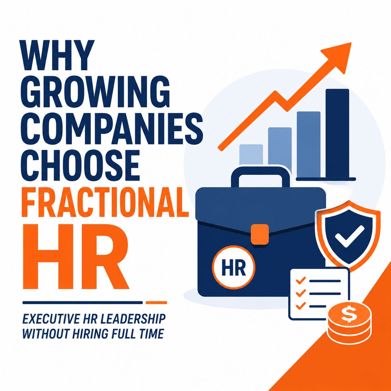 Why Growing Companies Choose Fractional HR Minimalist infographic showing an HR briefcase, upward growth chart, checklist, and shield with the headline "Why Growing Companies Choose Fractional HR."